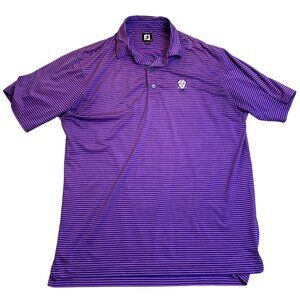 Footjoy Mens Polo Shirt L Purple & Pink Striped With Embroidered Golf Club Crest